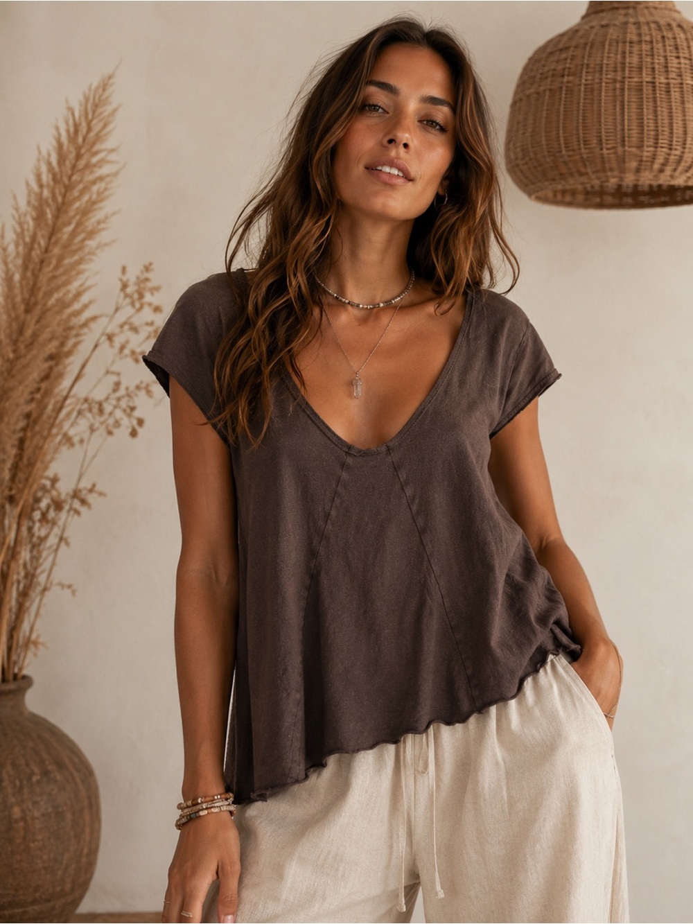 Sweet Skins Flow Easy Breezy Brown Hemp Organic Cotton Raw Hem Boho Top